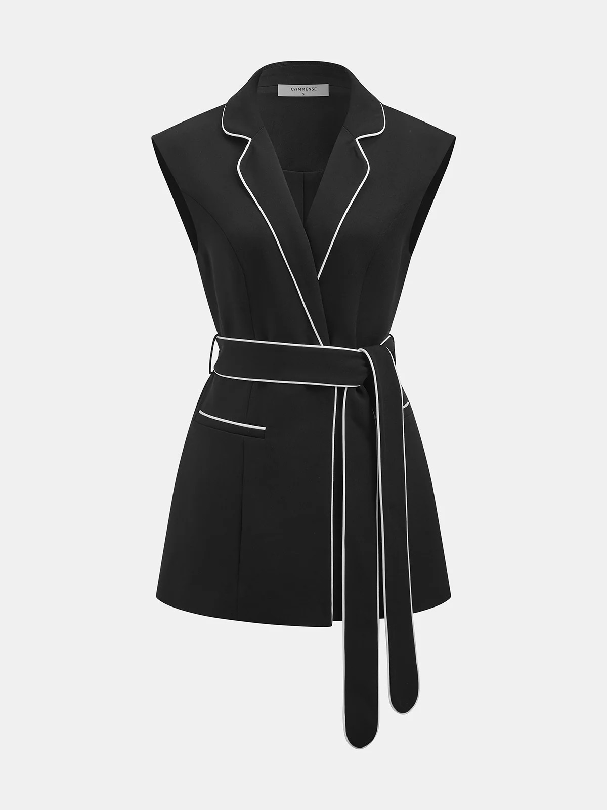 Contrast Piping Belted Sleeveless Blazer Vest | Commense