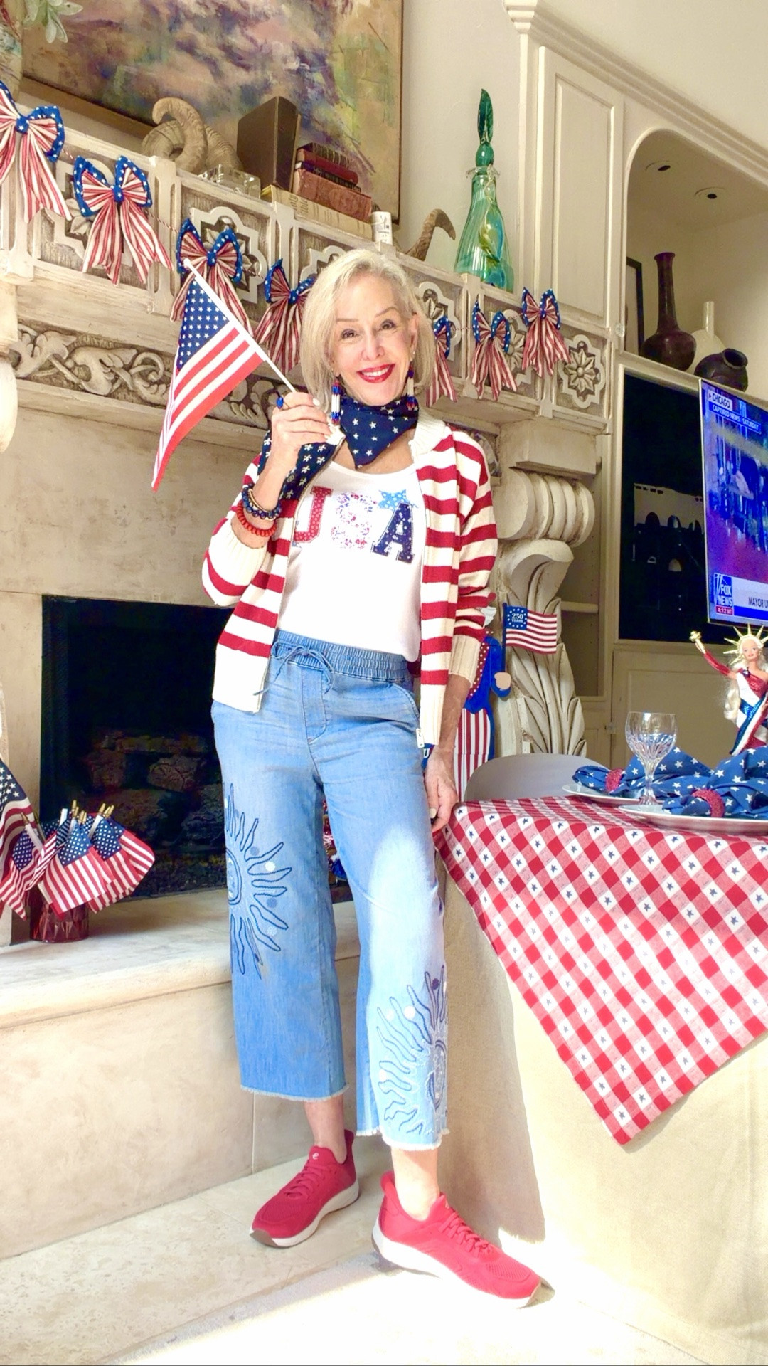 Cute style and items to refresh your 4th of July looks. Red white and blue US flag cardigan
White crop jeans, USA tank top
Patriotic collage print shirt and bell bottom jeans

#LTKOver40 #LTKSeasonal #LTKgrwm