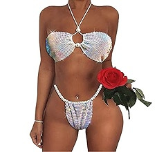 YAUASOPA One Size Fits Bikini Women Bling Rhinestone Crystal Diamond Club Swimsuit Halter Push Up Beachwear | Amazon (US)