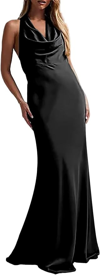 Satin bridesmaid's Dress Cowl Neck Wedding Party Dress Sleeveless Prom Dress Maxi Evening Dress S... | Amazon (US)