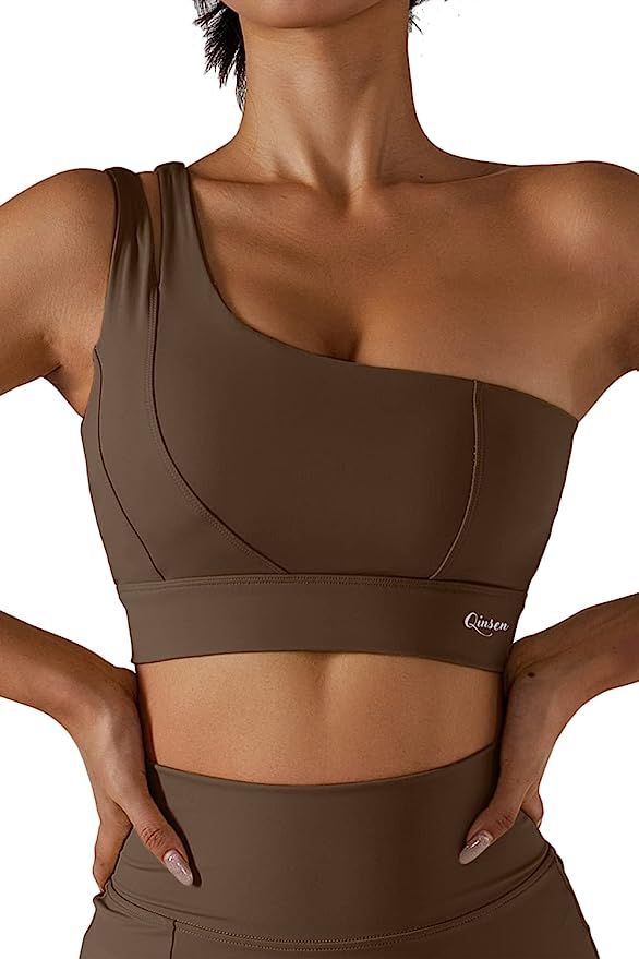 QINSEN Womens One Shoulder Yoga Bra Cutout Straps Athletic Sports Running Workout Top | Amazon (US)