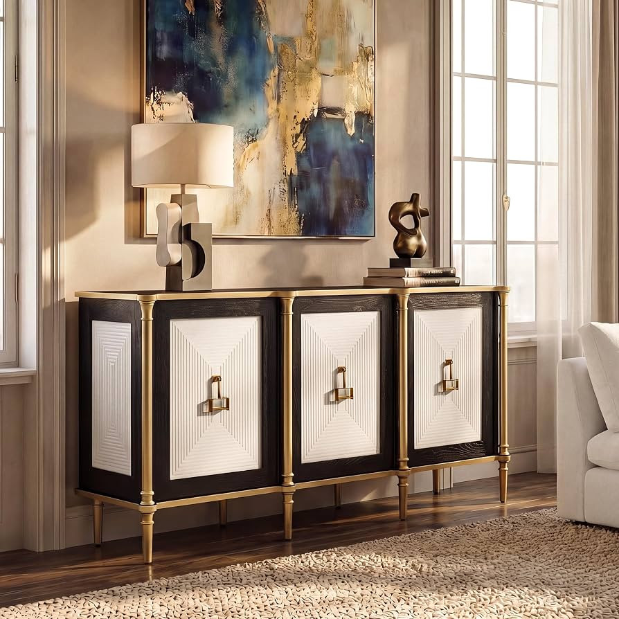 Morden Fort Modern Sideboard Buffet Cabinet with Storage, Black Credenza Storage Cabinet for Living Room, 68 Inch Carved Accent Cabinet with 3 Doors and Shelves for Dining Room and Entryway | Amazon (US)