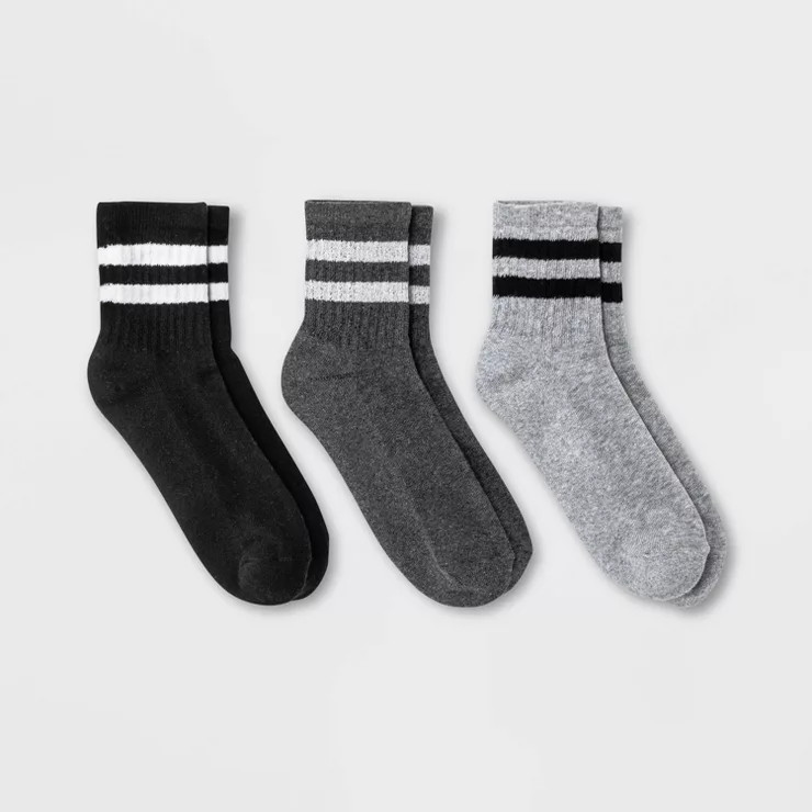 Women's Striped 3pk Ankle Socks - Universal Thread™ Heather Gray/Charcoal Heather/Black... | Target