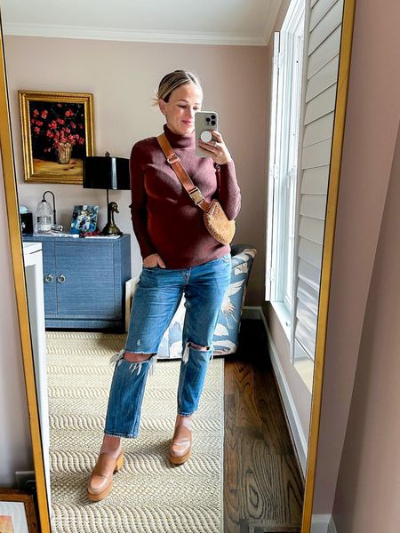 This Sherpa belt bag from Amazon doesn’t quite match my brown/burgundy looking turtleneck sweater, but I love it so much that it’ll have to do! My maternity jeans are from Abercrombie and run TTS (I get the short length bc I’m 5’1”).

#LTKshoecrush #LTKbump #LTKSeasonal