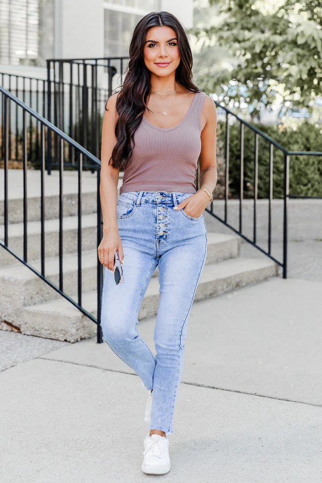 Fun Feeling Button Fly Slim Straight Leg Jeans | Pink Lily