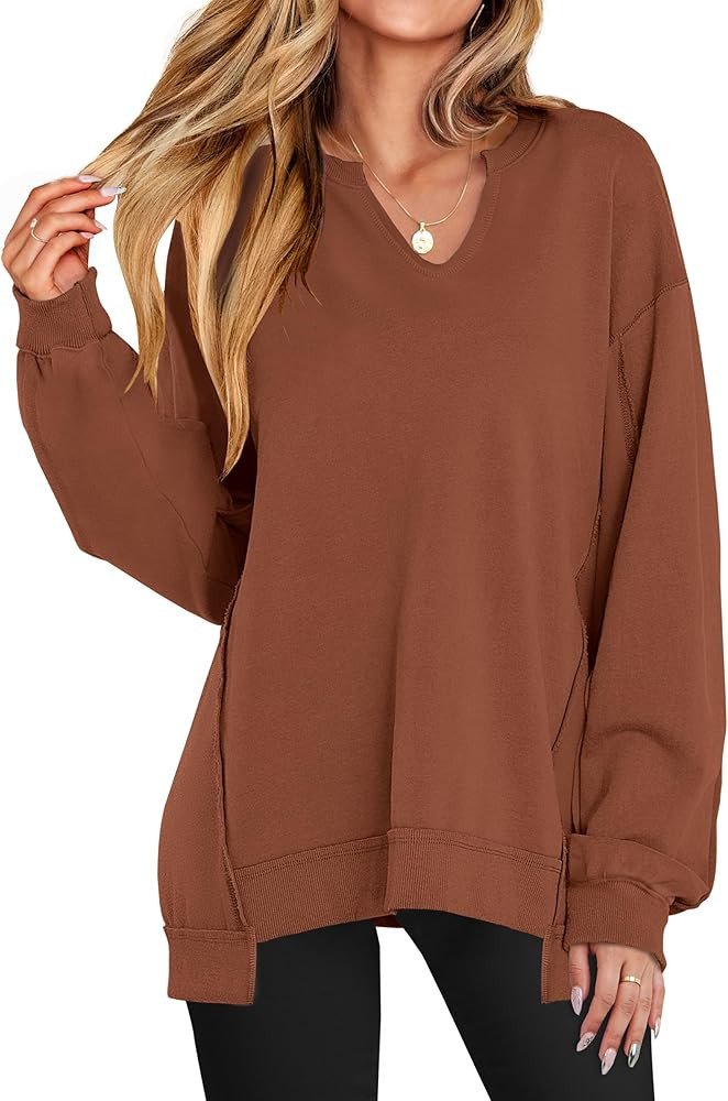 ANRABESS Women's Oversized Sweatshirts Long Sleeve Tunic Shirts V Neck Loose Pullover Tops 2025 T... | Amazon (US)