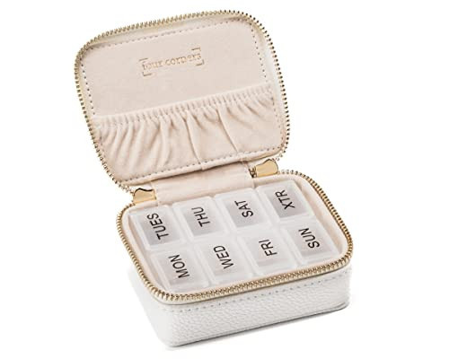 Weekly Pill Organizer 7 Day – Travel Pill Case for Vitamins & Medication, Premium Vegan Leather Pill Box with Removable Daily Compartments, Portable Supplement Organizer with Secure Zipper (White) | Amazon (US)