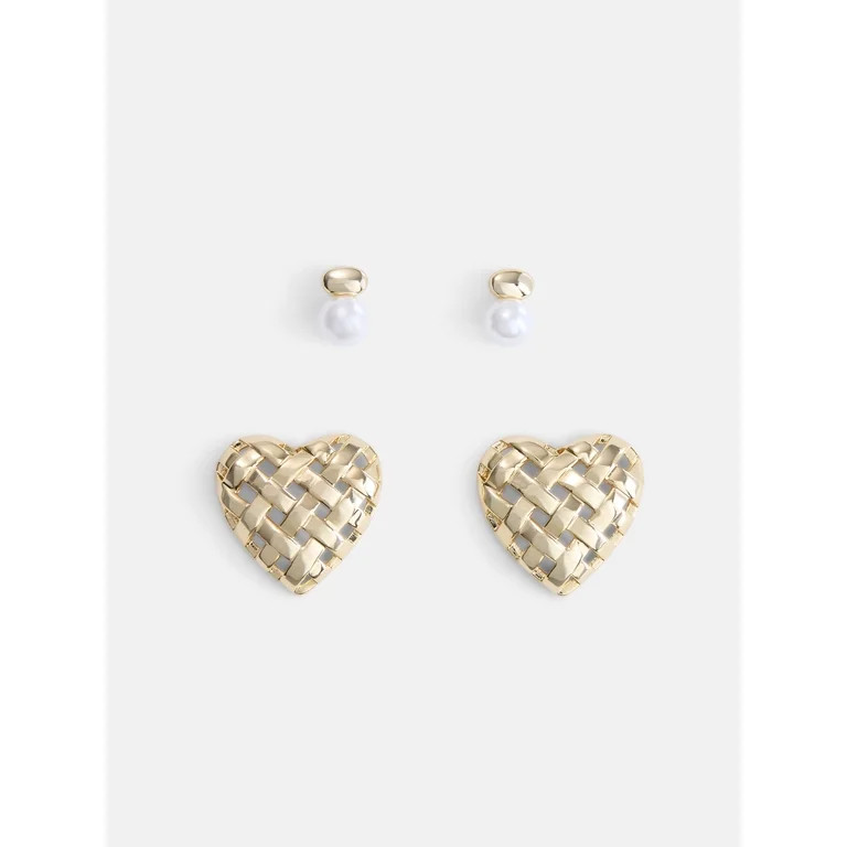 Free Assembly Women's Demi Fine 14K Gold Plated Heart and Simulated Pearl Earring Set, 2-Pair | Walmart (US)