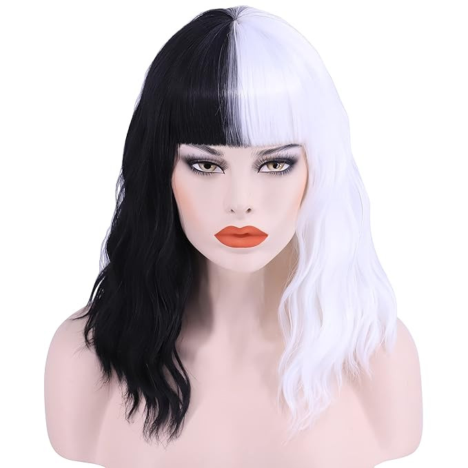 Cfalaicos Half White and Half Black Cosplay Wig Shoulder Length Wave Costume wigs for Women | Amazon (US)