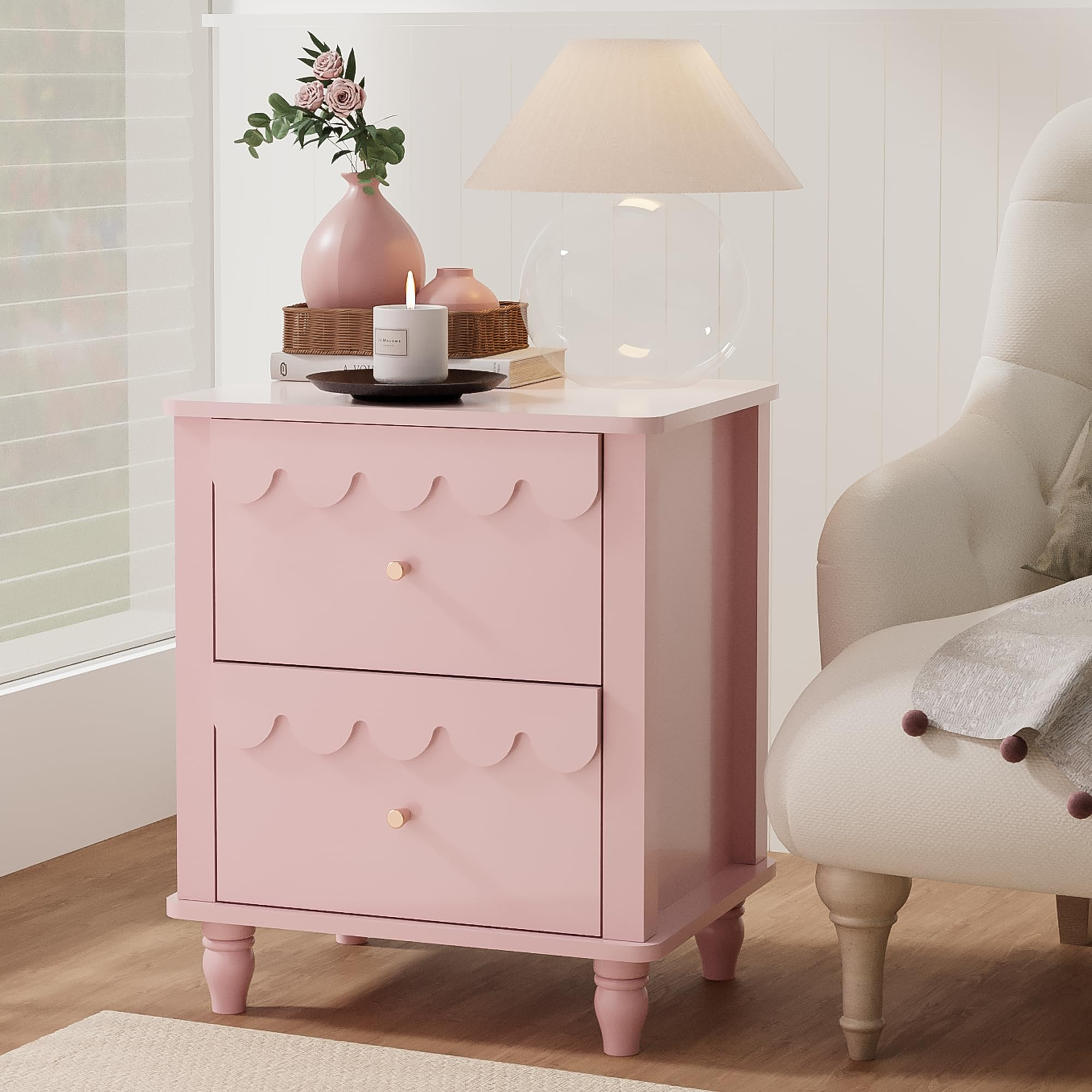 Pink Nightstand Side End Table with 2 Drawers, Modern Night Stand with Petal Pattern for Bedroom,... | Amazon (US)