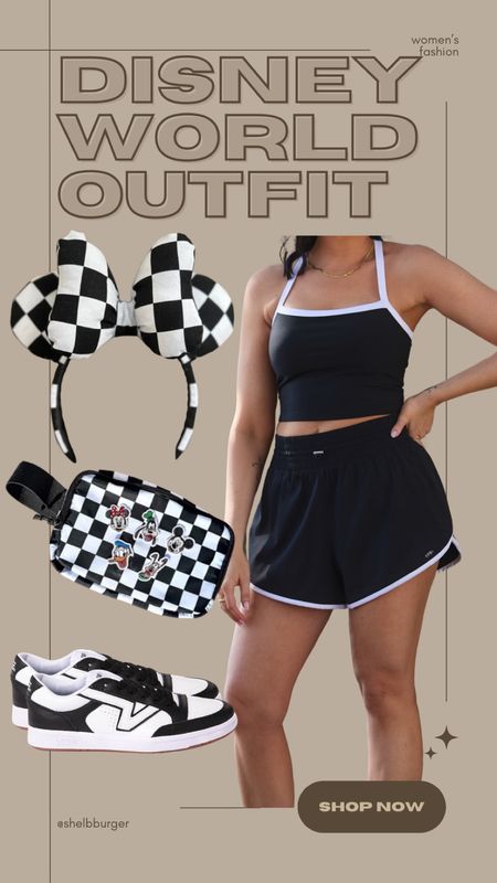 Disney World Disneyland checkered outfit 

• matching active set - cami slim tank black with white outline & lined flyaway shorts
• checkered mouse ears
• checkered belt bag with Mickey and friends patches 
• vans sneakers shoes

#LTKtravel #LTKsalealert #LTKshoecrush