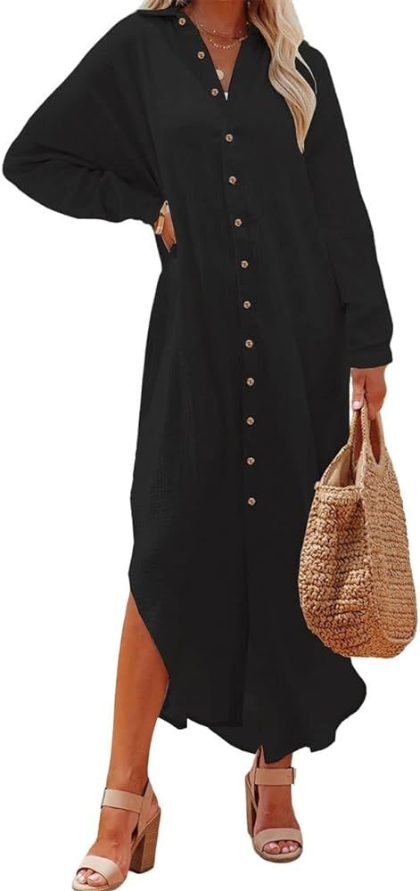 Bsubseach Women Button Down Swimsuit Cover Ups Long Beach Shirt Dress Casual Kimono Cardigan | Amazon (US)