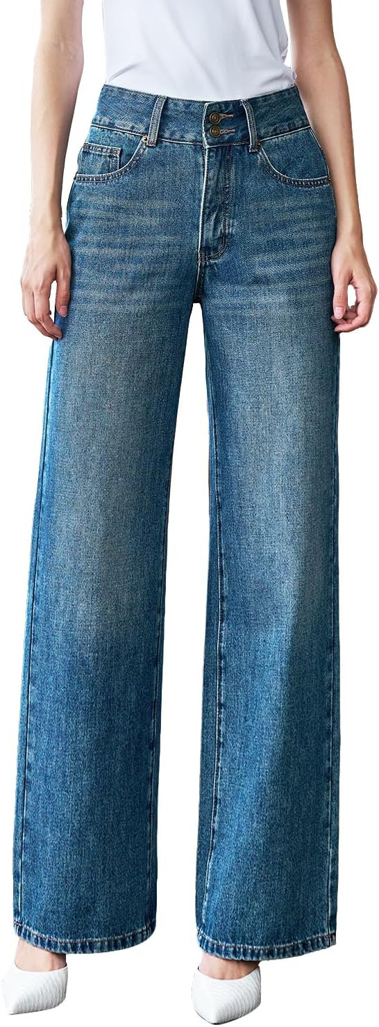 Women’s High Waisted Baggy Jeans – Stretchy Wide Leg Tummy Control Straight Leg Denim Pants T... | Amazon (US)