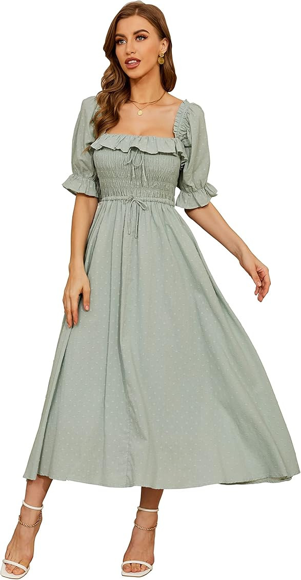 R.YIposha Women Vintage Elastic Square Neck Ruffled Half Sleeve Summer Backless Beach Flowy Maxi Dre | Amazon (US)