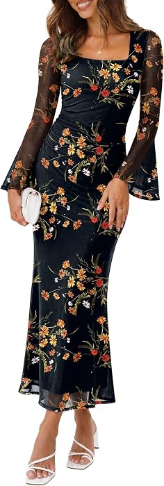 Sipaya Bodycon Maxi Dresses for Women Mash Long Sleeve Winter Clothing Square Neck Fall Fashion W... | Amazon (US)