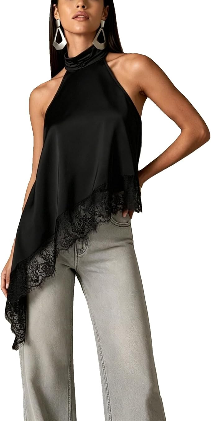 Women Satin Halter Top Y2K Mock Neck Lace Trim Asymmetrical Hem Tank Top Sleeveless Going Out Cro... | Amazon (US)