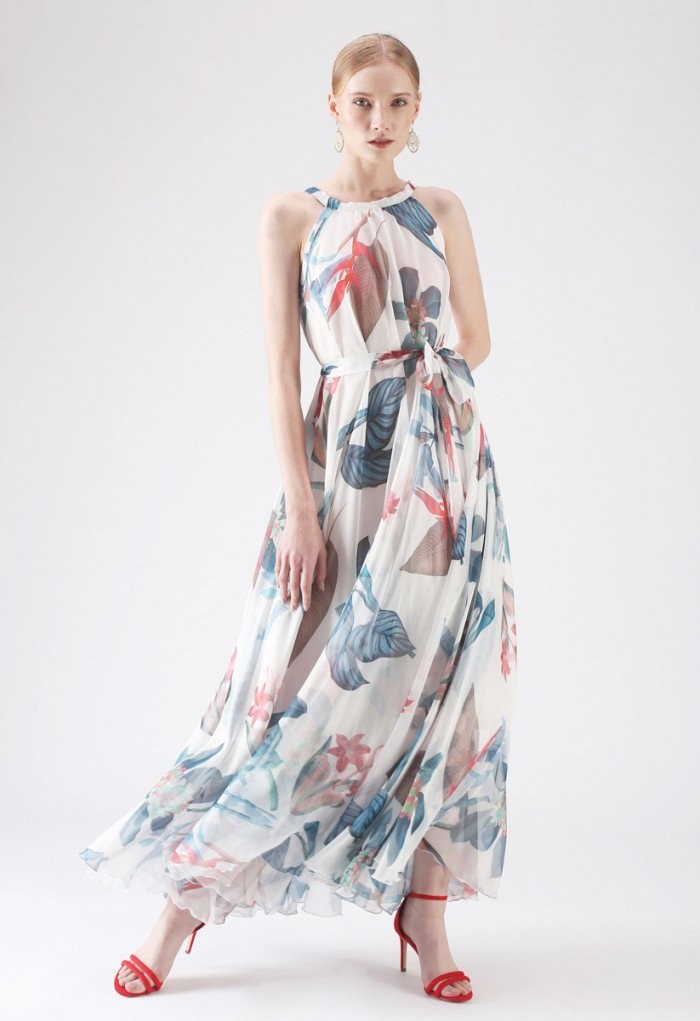Tropical Floral Watercolor Maxi Slip Dress in White | Chicwish
