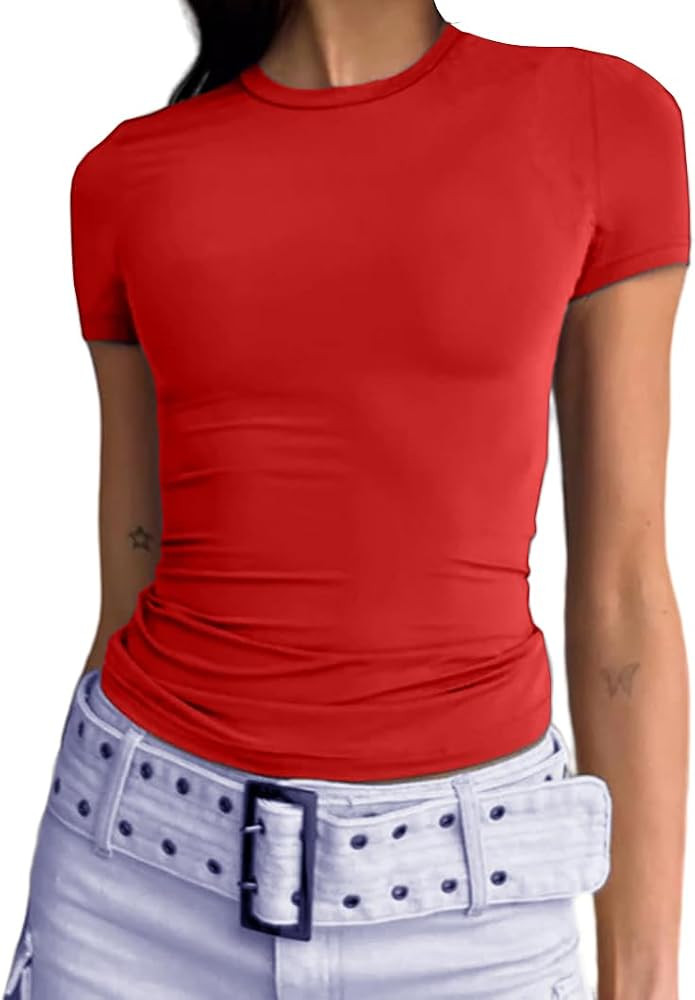Abardsion Women's Casual Basic Going Out Crop Tops Slim Fit Short Sleeve Crew Neck Tight T Shirts | Amazon (US)