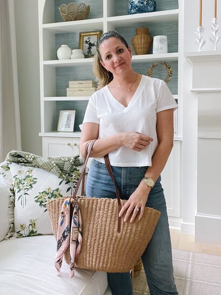 Target v-neck white tee only $10! Favorite Madewell perfect vintage jeans and straw tote from JCrew - style over 40, classic simple style 

#LTKStyleTip #LTKOver40
