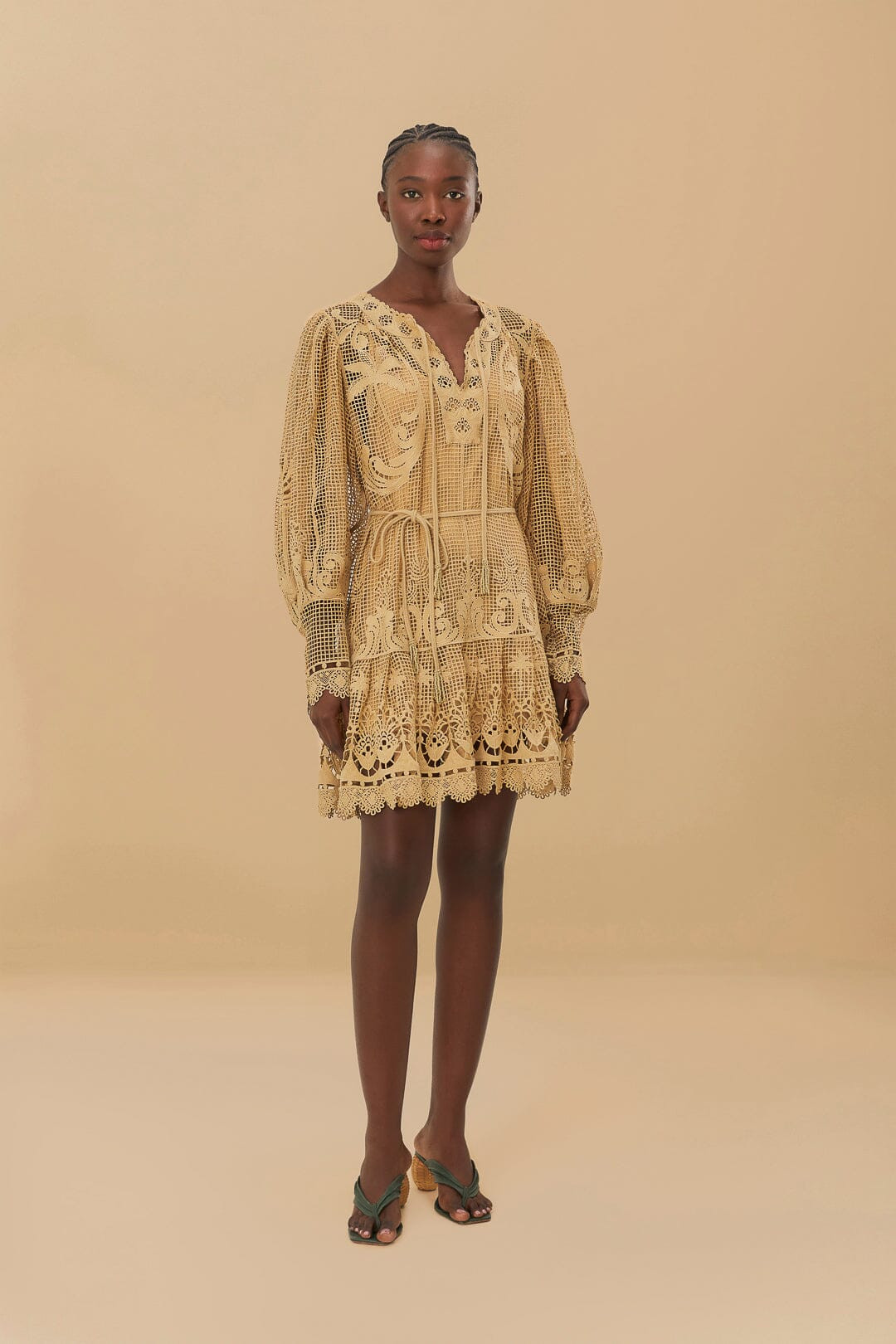 Sand Tropical Flight Guipure Mini Dress | FarmRio (US)