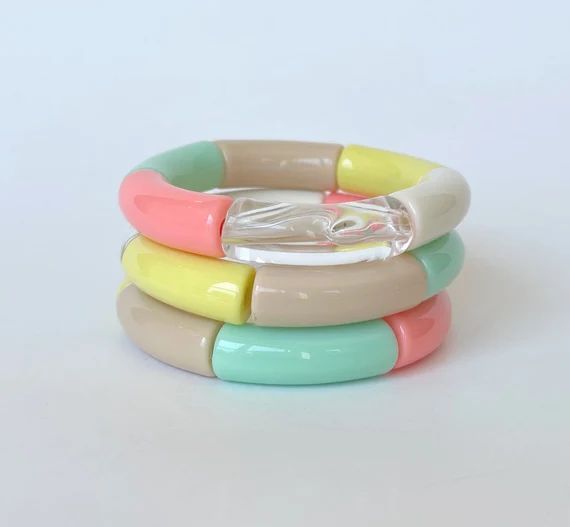 Saltwater - Boca Acrylic Bangle Bracelet // Beaded Pastel Taffy Stack // Resin Tube Stretch Brace... | Etsy (US)