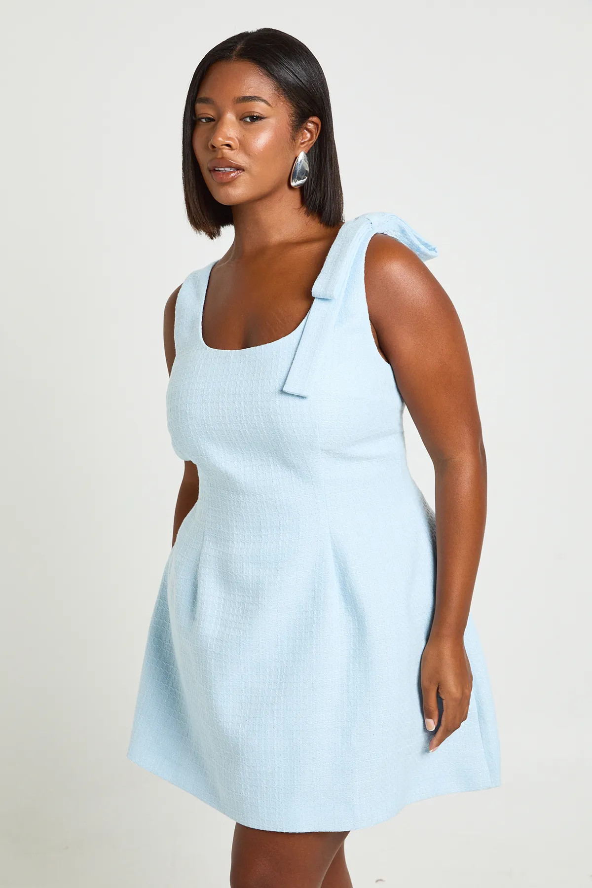 Baby Blue Plus Boucle Scoop Neck Tailored Mini Dress | Boohoo | Boohoo.com (UK & IE)