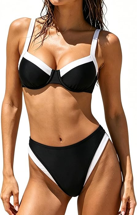 SUUKSESS Women Color Block Underwire Bikini Sets Cheeky High Cut 2 Piece Swimsuit | Amazon (US)