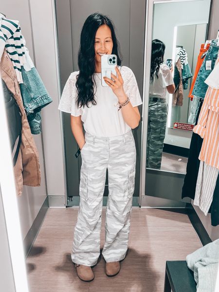 High rise cargo pants, camo cargo pants, also comes in solids, I sized up to a medium
Puff sleeve eyelet tshirt, tts, wearing medium but would prefer my normal size small
