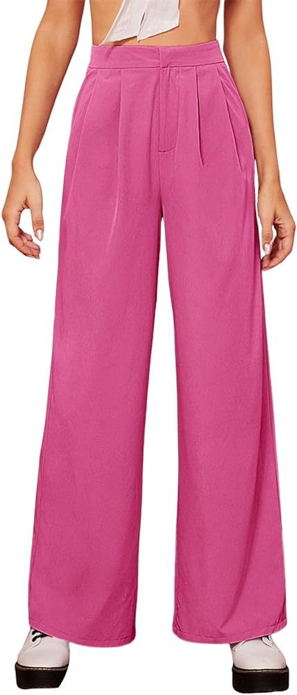 Floerns Women's Casual High Waisted Pleated Wide Leg Palazzo Pants Trousers | Amazon (US)