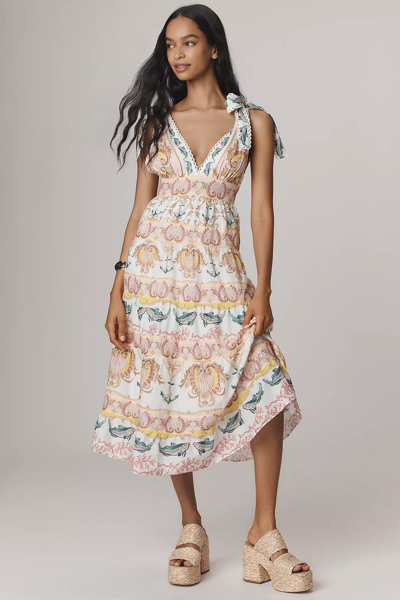 Farm Rio Maritime Magic Tie-Strap V-Neck Midi Dress | Anthropologie (US)