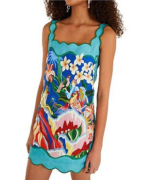 Farm Rio Garden Of Life Scarf Square Neck Sleeveless Scallop Hem Mini Dress - S | Dillard's
