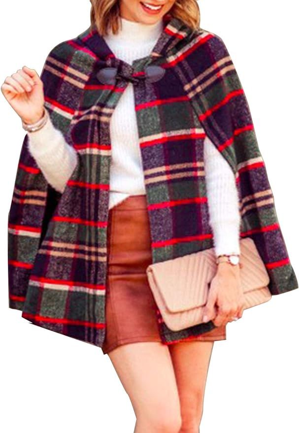 MIHOLL Womens Cape Coats Plaid Hooded Poncho Winter Cardigan Tops | Amazon (US)