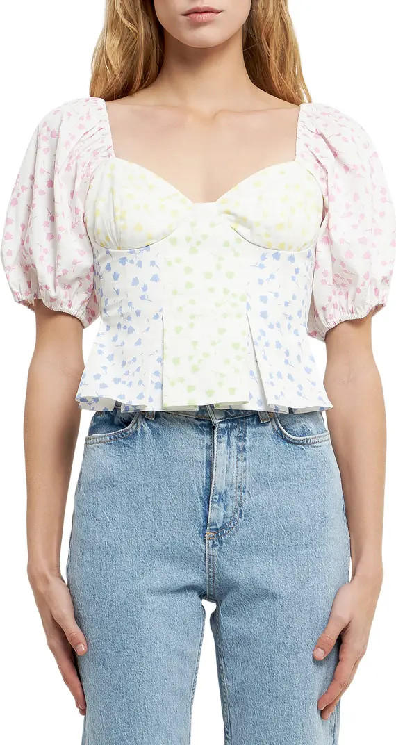 English Factory Floral Patchwork Puff Sleeve Crop Top | Nordstrom | Nordstrom