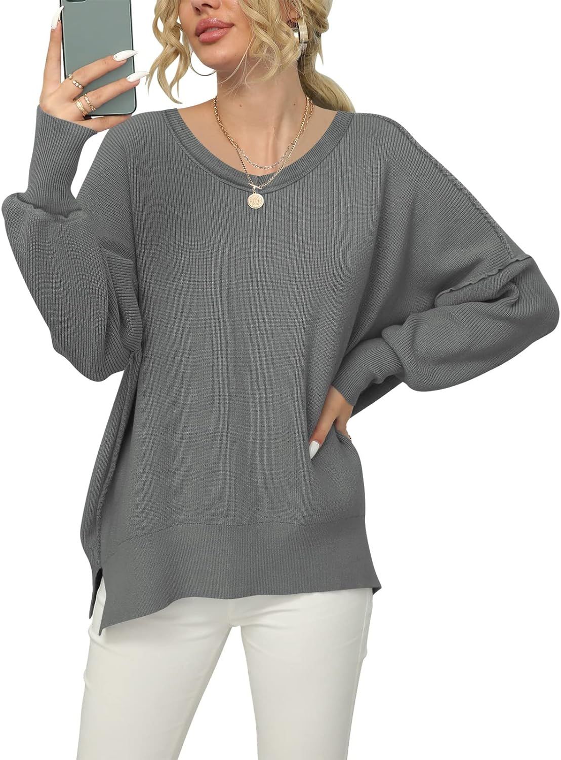 ANRABESS Women's V Neck Long Sleeve Oversized Side Slit Ribbed Knit Pullover Sweater Top | Amazon (US)