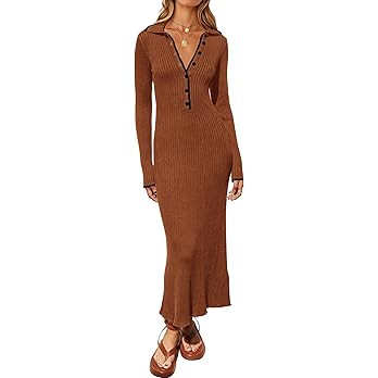 MASCOMODA Women Fall Long Sleeve V Neck Sweater Dress Casual Lapel Button Up Slim Fit Ribbed Knit... | Amazon (US)