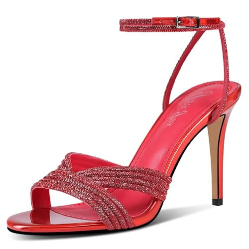GPXGPX Women's Rhinestone Red High Heel Sandals Sparkly Stilettos Heeled Ankle Strap Stilettos Round Open Toe Dressy Weddings Sexy Sandals Shoes | Amazon (US)