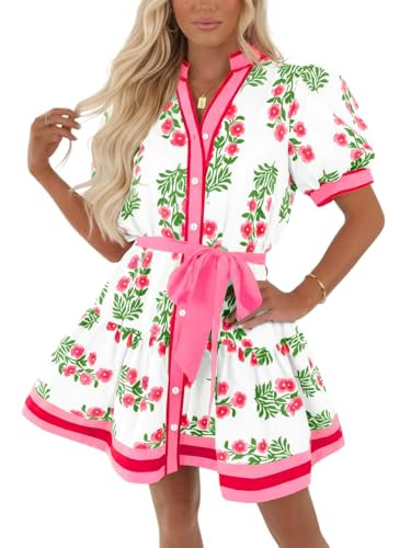 Wenrine Womens Summer Floral Mini Dress Puff Short Sleeve V Neck Button Down Casual Loose Boho Be... | Amazon (US)