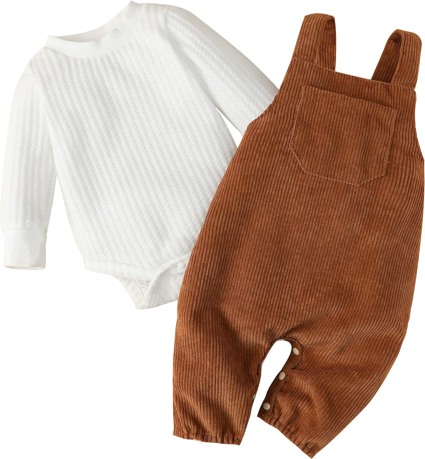 Newborn Baby Girl Clothes Solid Ribbed Long Sleeve Romper + Corduroy Overalls Pants Set Infant Winte | Amazon (US)