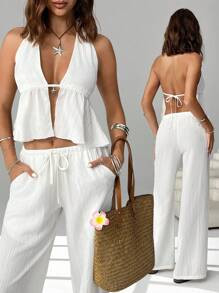 SHEIN EZwear 2 Pieces Outfits Tie Up Halter Neck Backless Tank Top And Wide Leg Drawstring Pants Set Clubwear, Vacation Outfits Women, Beach Outfits For Woman, Rave Outfits, Hawaii Outfits Women Island Vacation Outfits | SHEIN