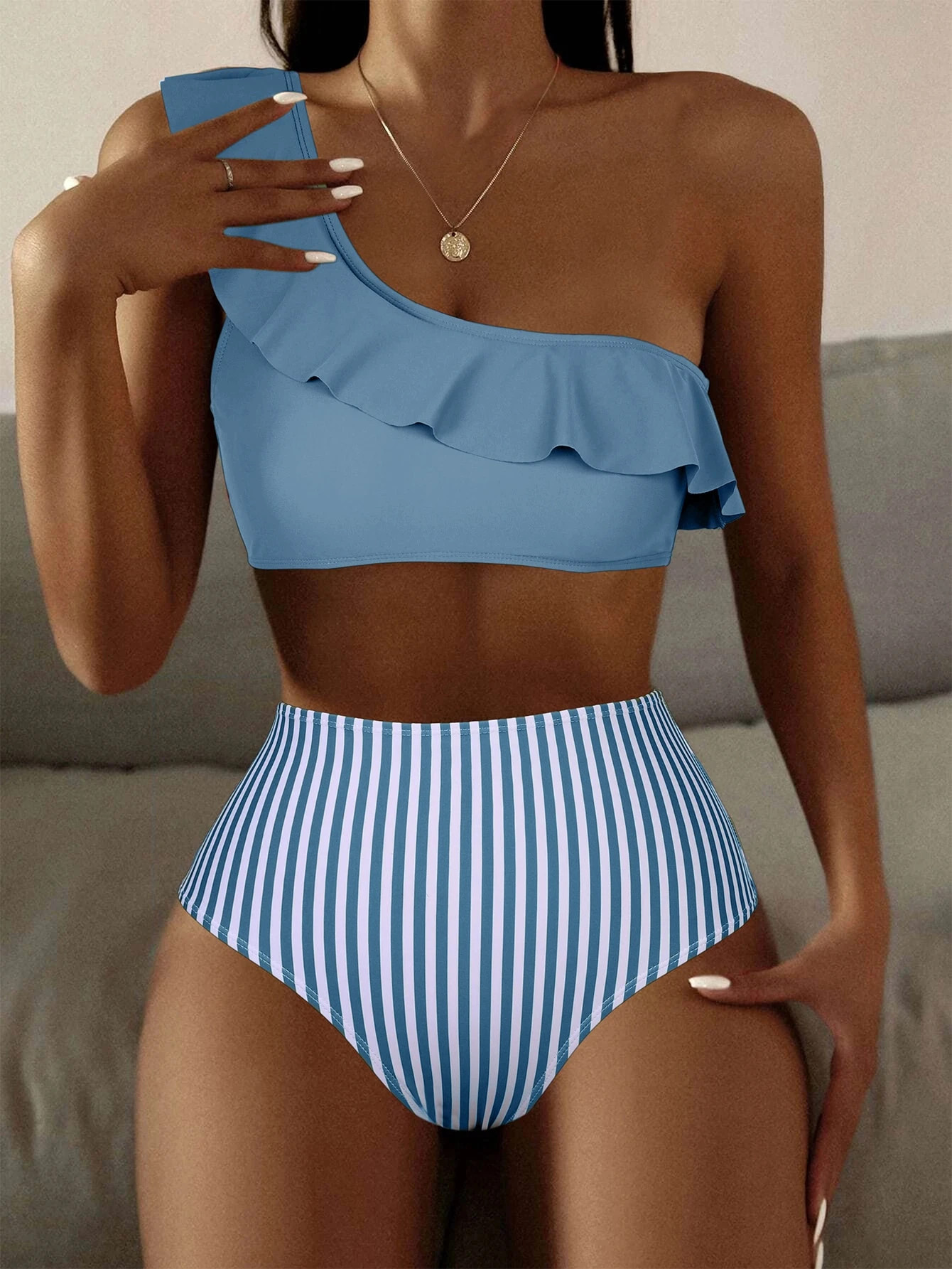 Striped Ruffle Trim One Shoulder High Waist Bikini Swimsuit | SHEIN