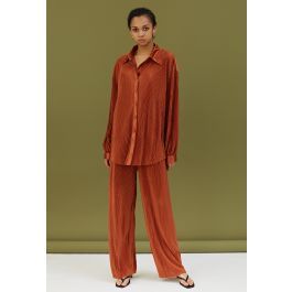 Full Pleated Plisse Shirt and Pants Set in Pumpkin | Chicwish