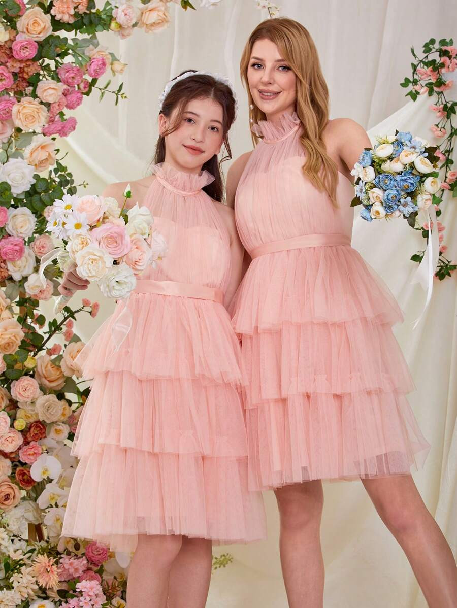 Women's Multilayer Mesh Puffy  Cocktail Party Dress  Mommy And Me Matching Outfits(2 Pieces Are S... | SHEIN