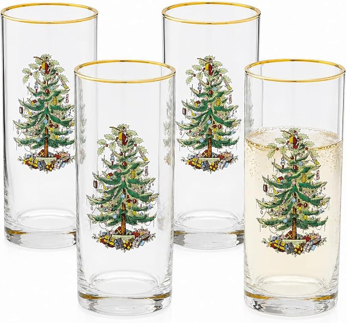 Spode Christmas Tree 15oz Highball Glasses, Set of 4 - Gold-Rimmed Elegant Holiday-Themed Glasswa... | Amazon (US)