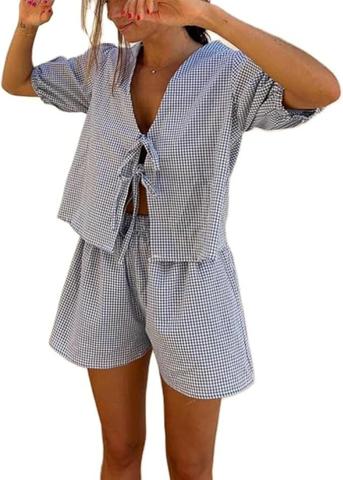 Womens 2PC Y2K Pajamas Set Puff Sleeve Peplum Tie Front Lounge Set Plaid Loose Fit Top and Shorts... | Amazon (US)