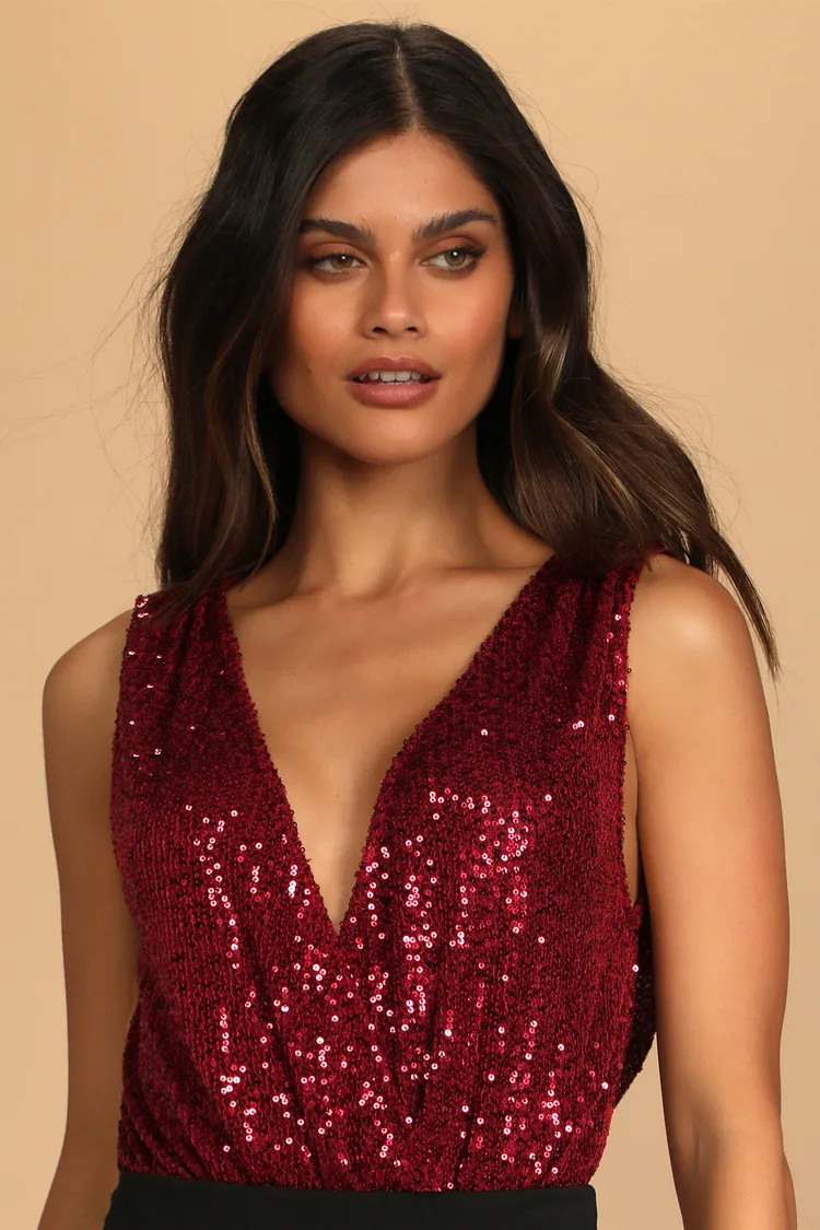 Evening of Wonder Burgundy Sequin Cowl Back Bodysuit | Lulus