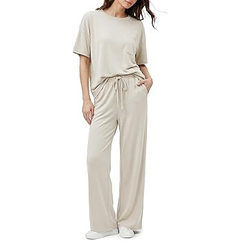 OUGES Womens Pajama Sets 2 Piece Lounge Clothing for Women Summer Casual Short Sleeve Wide Leg Pa... | Amazon (US)