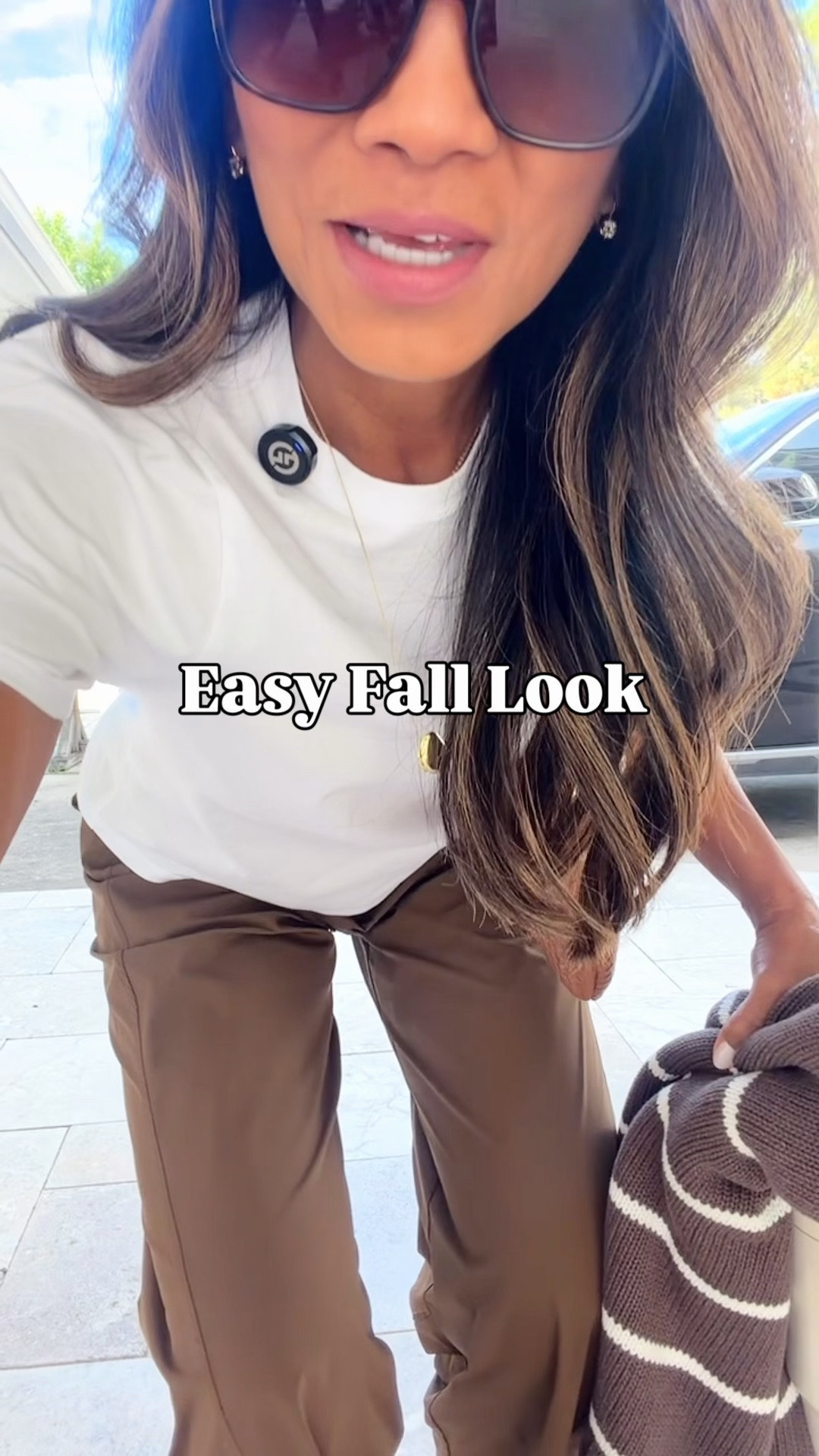 I’m 5’2” 118#ish for reference 
White tee in small tts.
Pants in small-color Brown.
Shoes size down.
Sweater in small tts-loose fit. 
Bag is the small one in Cognac.
Fall outfit, over 50 style, midlife fashion, petite fashion,midlife women, affordable fashion, fashion over40

#LTKOver40 #LTKPetite #LTKootd