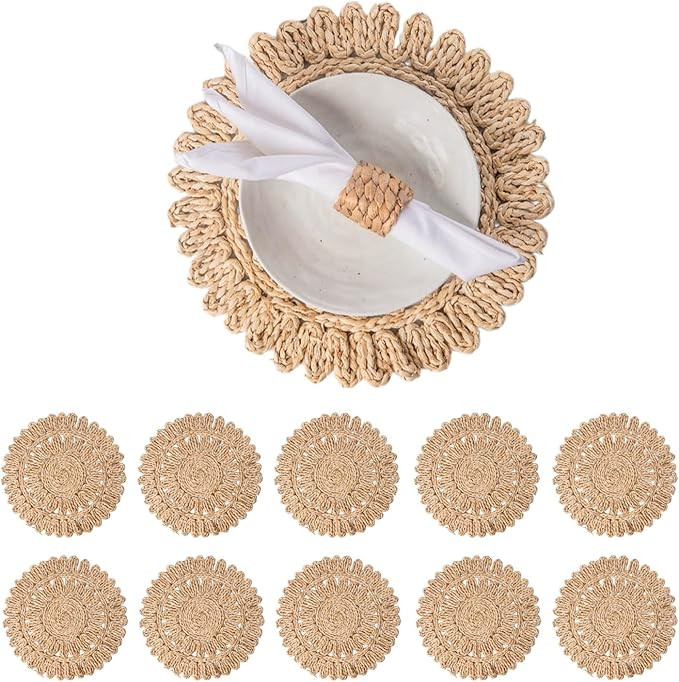 13.8" Set of 10 Round Corn Husk Placemats | Boho Woven Rattan Table Mats | Farmhouse Wicker Sprin... | Amazon (US)
