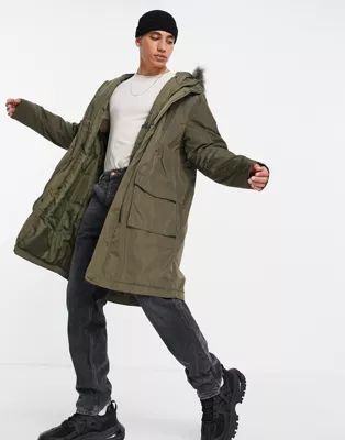 ASOS DESIGN parka jacket in green with faux-fur trim hood | ASOS | ASOS (Global)