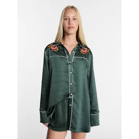 Kacey Lee Women's Satin Sleep Shirt with Long Sleeves, Size XS-XXL | Walmart (US)